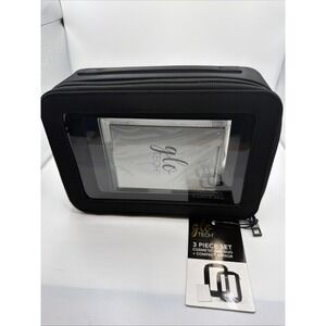 GloTech Toiletry Set, Black, 3 Piece Set Cosmetic Bag Duo & Compact Mirror